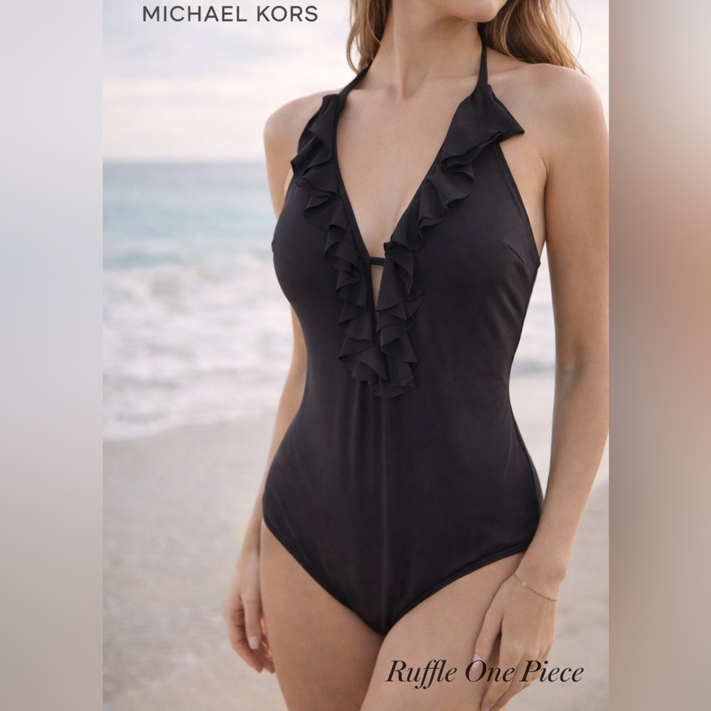 MICHAEL KORS Black Ruffle V-Neck One-Piece Swimsuit size 10